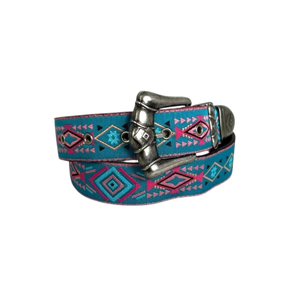 Vintage Womens Turquoise & Pink Nuovo Aztec Pattern Cowgirl Belt Juniors Size 13